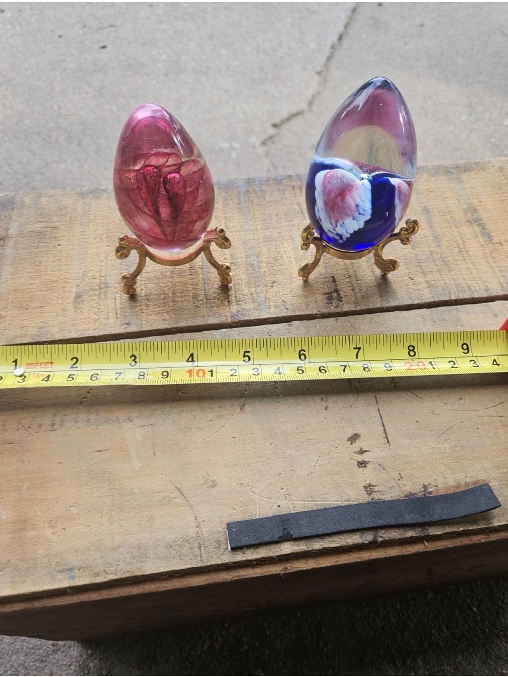 Vintage GES Hand Blown Art Glass Egg Paperweight Pair Pink & Cobalt Blue w stand
